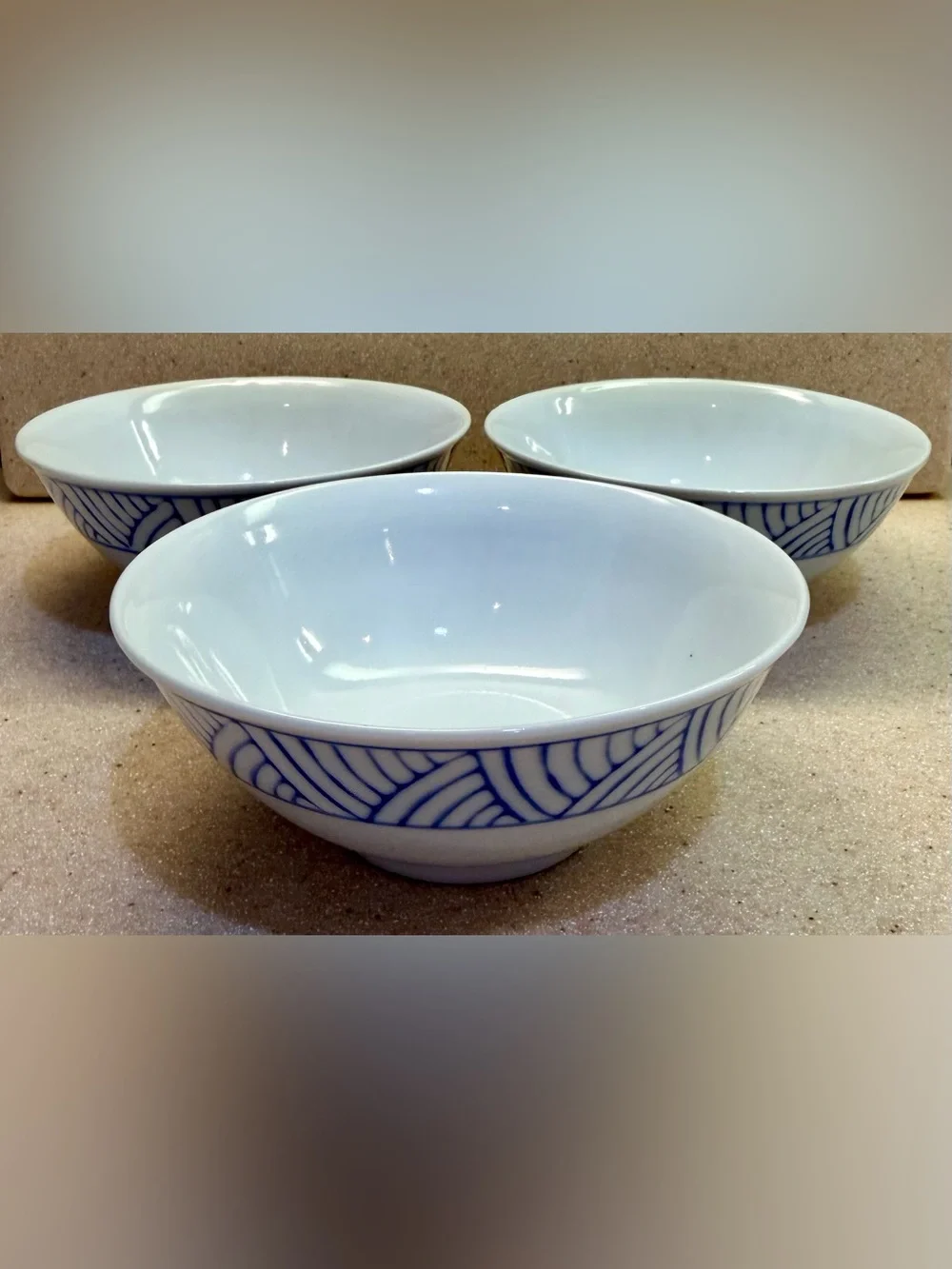 Blue Wave Geometric Pattern Porcelain Serving Rice Bowls - Set of 3 White w/Blue